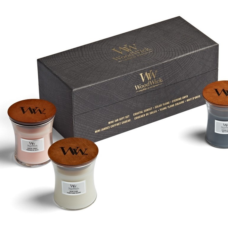 WoodWick ajándékszett Evening Onyx, Solar Ylang, Coastal Sunset kicsi üveg 3 db