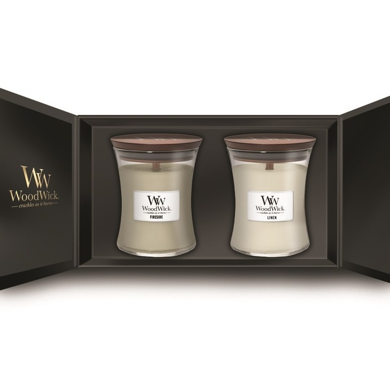 WoodWick ajándék szett Fireside, Linen közepes üveg 2db