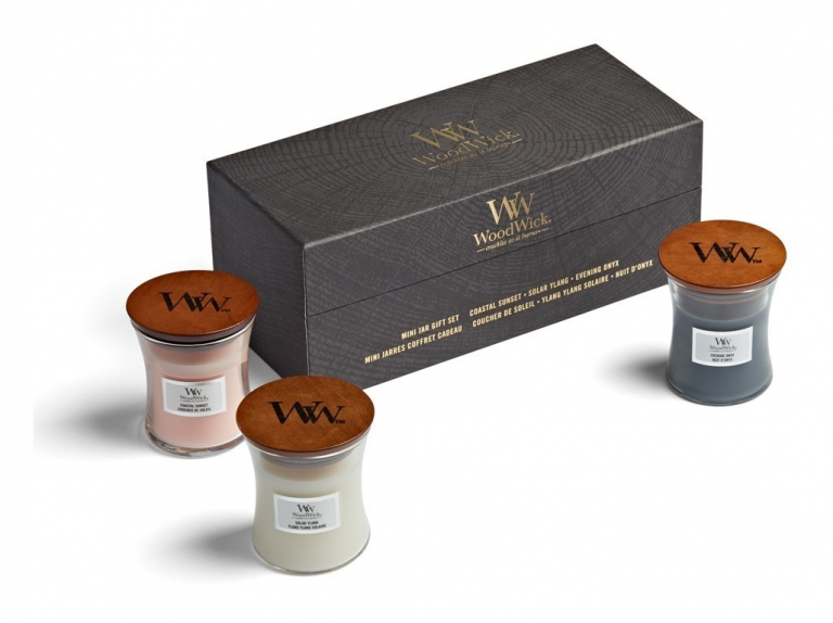 WoodWick ajándékszett Evening Onyx, Solar Ylang, Coastal Sunset kicsi üveg 3 db