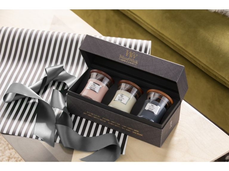 WoodWick ajándékszett Evening Onyx, Solar Ylang, Coastal Sunset kicsi üveg 3 db