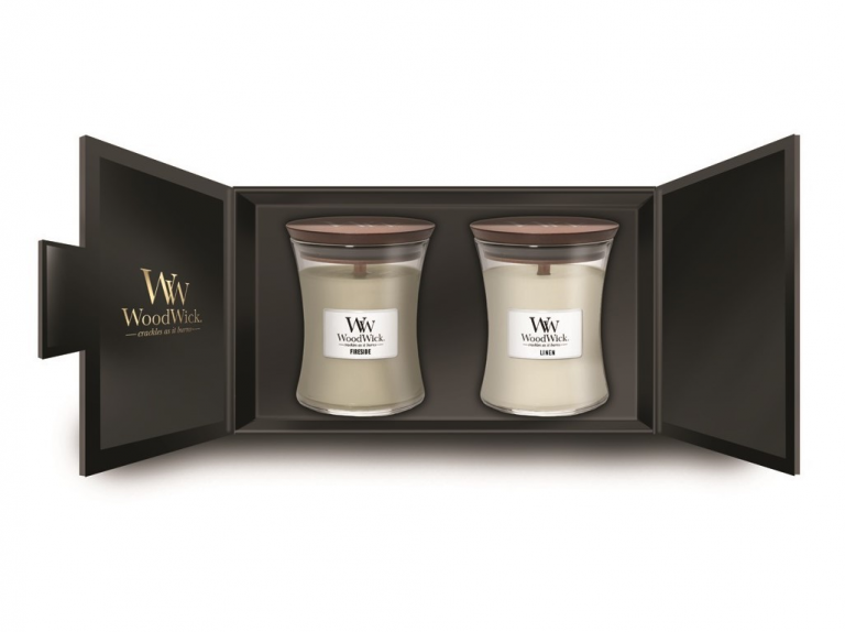 WoodWick ajándék szett Fireside, Linen közepes üveg 2db