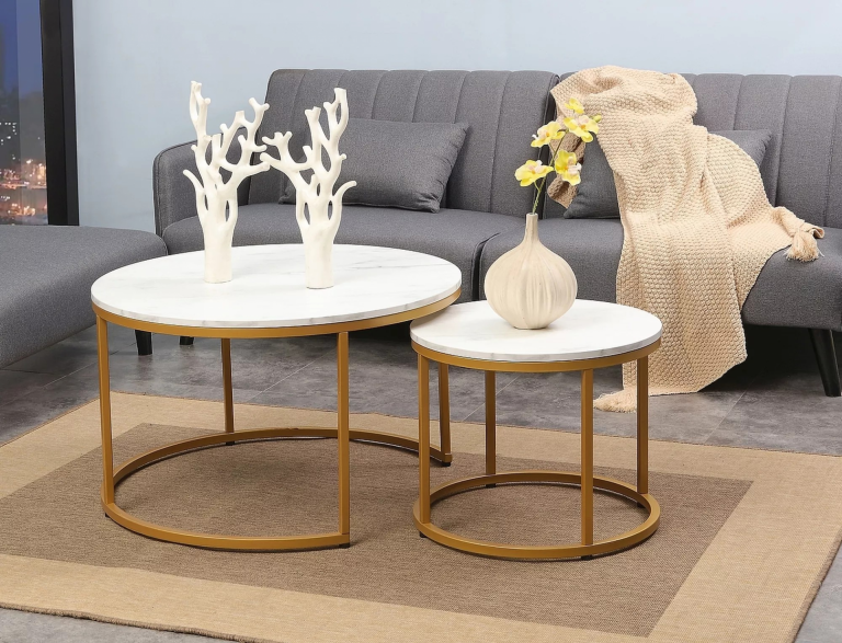 Dion asztalka összeállítás arany láb/ fehér márvány hatású asztallap