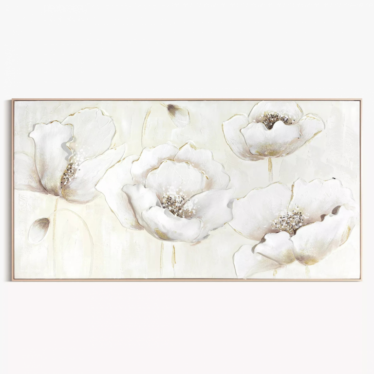 Krémszínű - arany , kézzel festett festmény, virágmotívummal, 72x142 cm kerettel