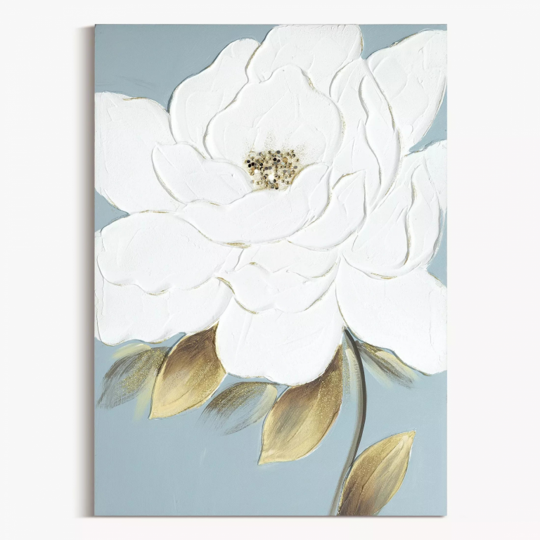 Krémszínű, világoskék, kézzel festett festmény virágos motívummal, 50x70 cm