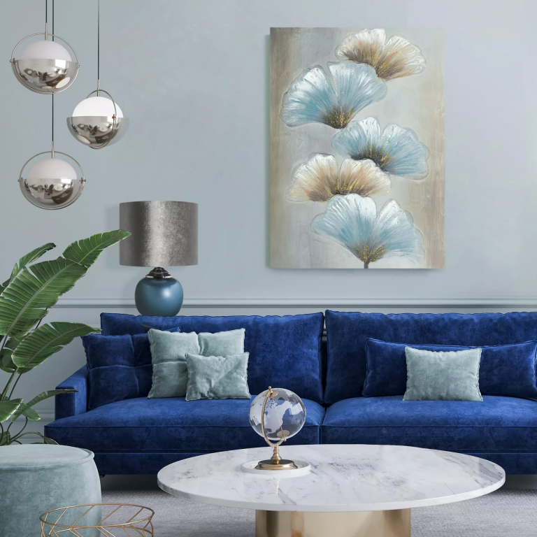 Növényfestés bézs, kék kézzel vászonra festve, ginkgo levelek 50x70 cm GINKO 1