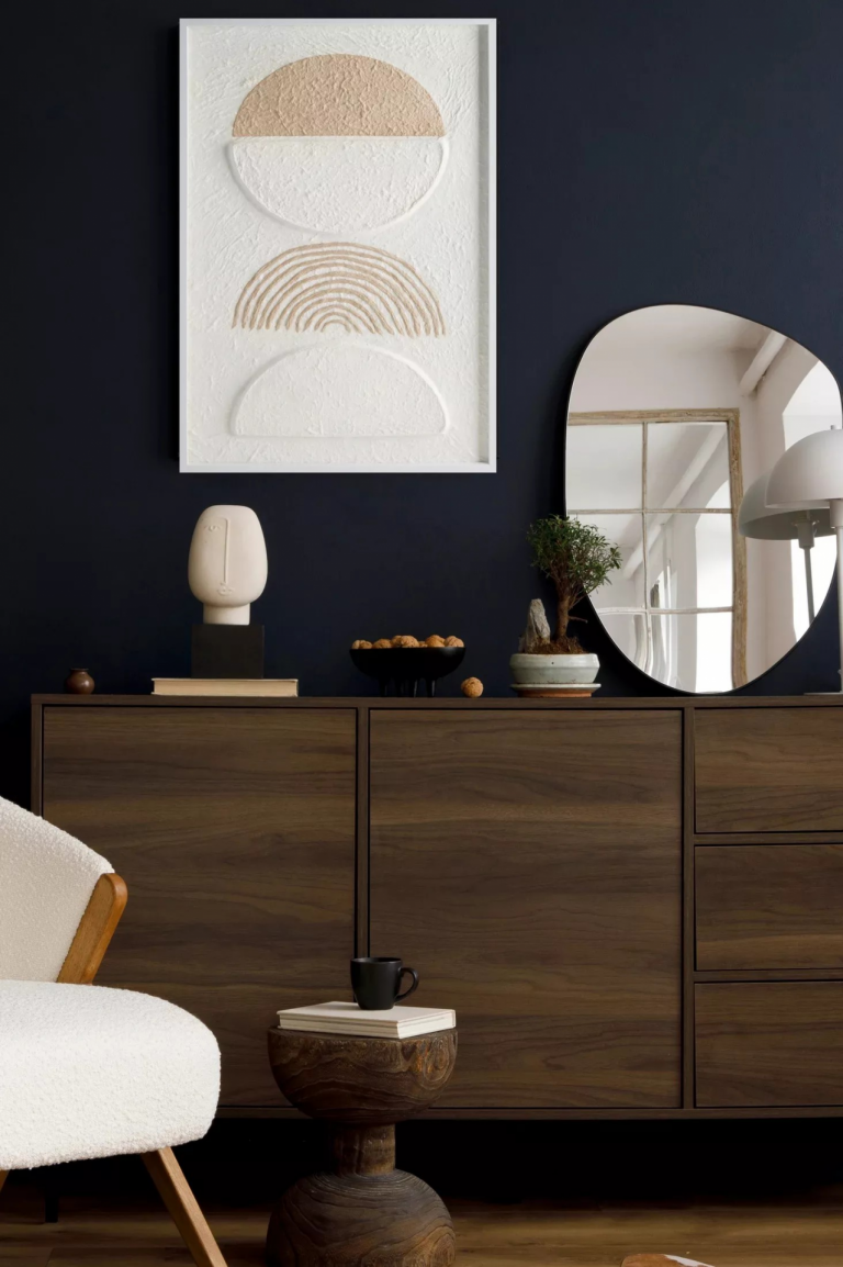 Absztrakt festmény fehér, bézs boho stílusban, átlátszó szerkezettel, 40x60 cm-es keretben