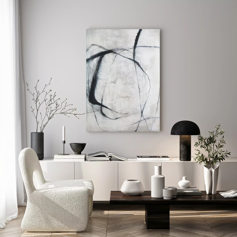 Absztrakt festmény bézs, fekete, kézzel festett vászonra 60x80 cm