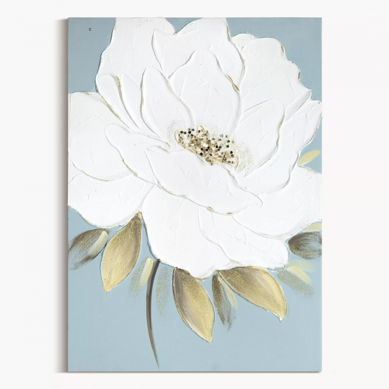 Krémszínű, világoskék, kézzel festett festmény virágos motívummal, 50x70 cm